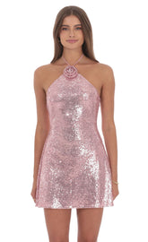 Sequin Florette Halter Dress in Pink